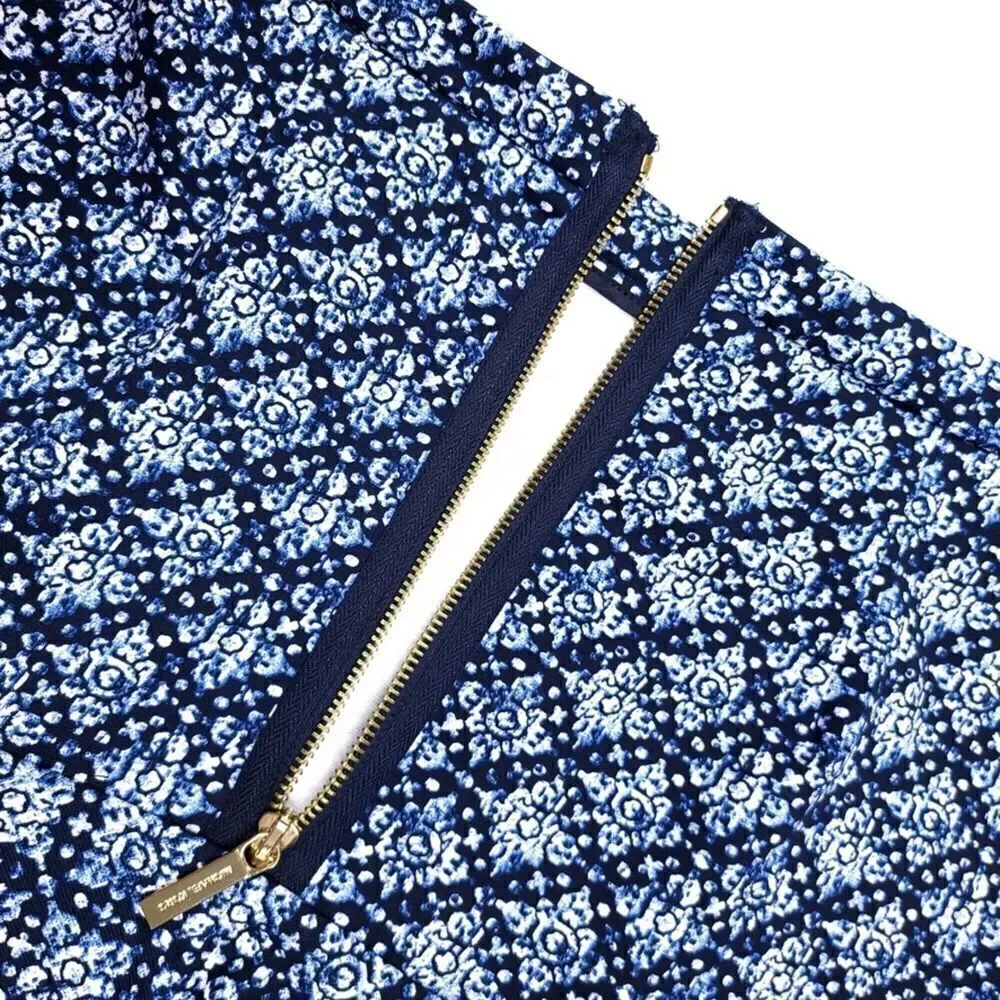 MICHAEL KORS Fluted High Rise Exposed Zip Mini Skirt Navy Blue Floral Womens 4